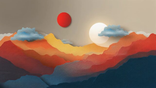 Colorful abstract landscape with sun and clouds in a vibrant artistic style