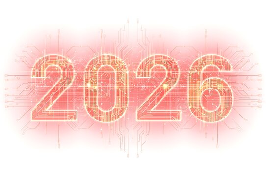 Futuristic glowing neon numbers 2020 with digital circuit board texture