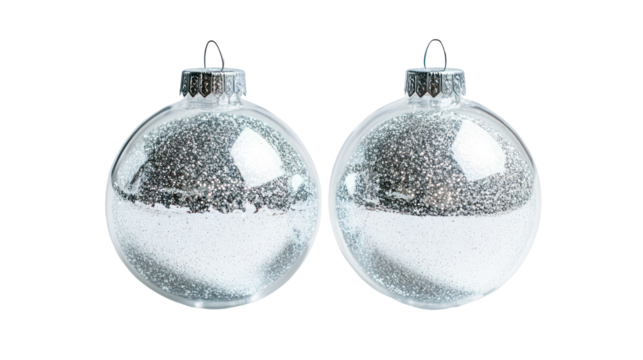 Two clear oval christmas ornaments with glitter inside isolated on transparent background