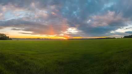 Fototapeta premium Panoramic illustration of a vibrant green field at dramatic sunset with colorful clouds on the horizon