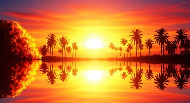 Vibrant tropical sunset scene featuring a line of silhouetted palm trees reflected perfectly in calm water under a blazing orange and yellow sky - Powered by Adobe