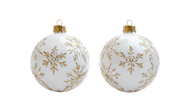 Two white oval christmas ornaments with gold snowflake patterns isolated on transparent background