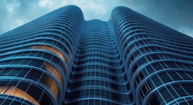 High-rise modern glass building with smooth curved facade reflecting blue sky and few illuminated warm windows under dramatic cloudy sky - Powered by Adobe