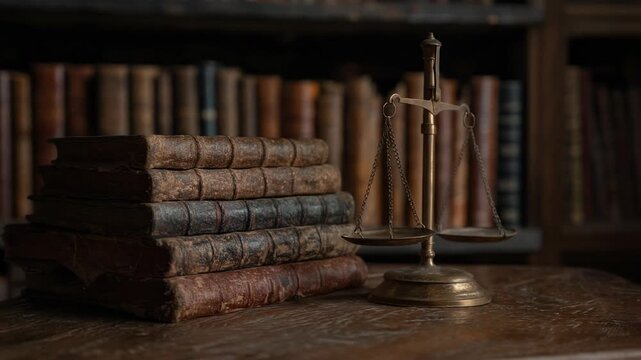 Vintage scales of justice with old law books in a library setting, symbolizing law and justice