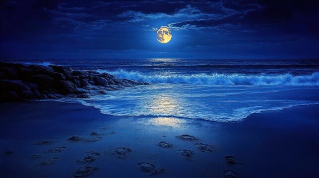 calm night beach scene with full moon reflecting on ocean waves and footprints on wet sand near rocky shore under cloudy sky
