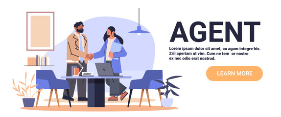Agent business agreement handshake office meeting two people shaking hands at desk with laptop plants modern workspace interior website banner