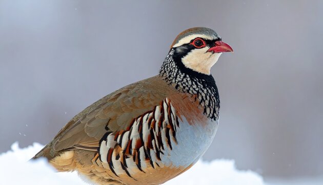 A charming partridge bird with its captivating features and vibrant details standing in snowy condition
