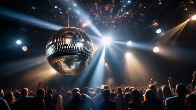 Sparkling disco ball hanging with vibrant light rays in a dark ambiance for party vibes - Powered by Adobe