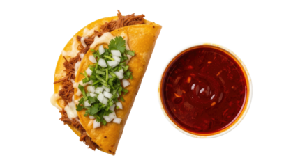 Closeup of Taco with Salsa and Garnish on White Background.