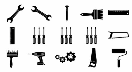 Fototapeta premium Collection of various black silhouette hand tools and power tools isolated on white background