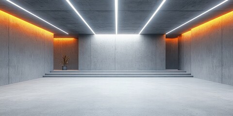 Minimalist empty concrete room with tiered steps, linear ceiling lights, warm ambient orange lighting on walls, and a single potted plant in the corner
