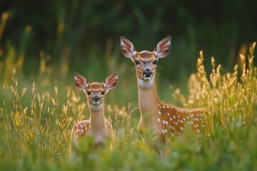 Fototapeta premium Two young spotted deer standing alert in tall grass with a blurred green nature background suggesting calm and curiosity