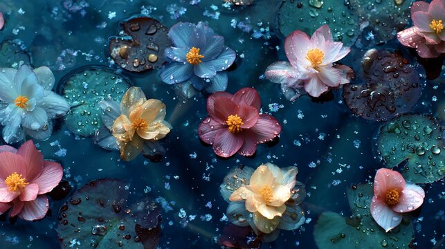 Fototapeta Colorful Lotus Blossoms and Lily Pads Floating in Dark Turquoise Water with Soft Lighting and Scattered Water Droplets Creating a Dreamy Tranquil Aesthetic
