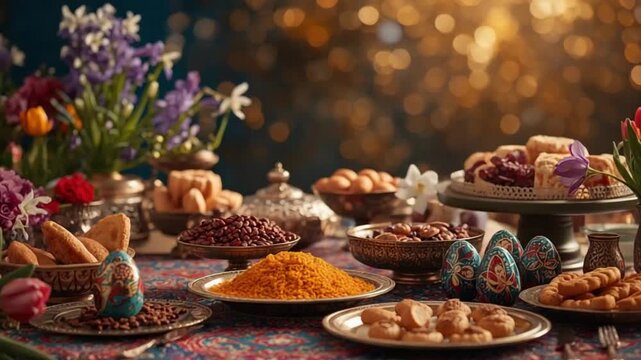 Nowruz Haft-Sin Table with Sweets, Nuts and Flowers