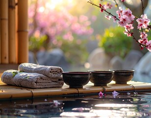 Fototapeta premium A private bamboo-enclosed outdoor onsen, ceramic bowls of herbal tea and towels folded on a bench, reflection of plum blossoms in the water
