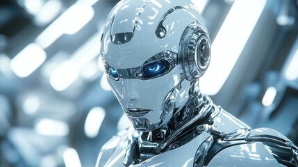 Fototapeta premium Futuristic robot head, close-up, futuristic city background. Stock photo for technology, science fiction