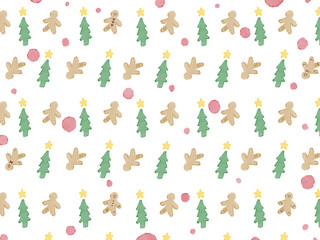 白背景にカラフル手描きイラストパターン。水彩のクリスマスツリーとジンジャーブレッドマンと赤いドット