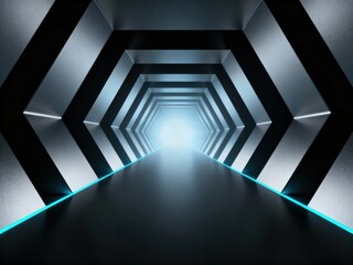 Abstract Futuristic Hexagonal Tunnel Leading to Light with Blue Neon Trails