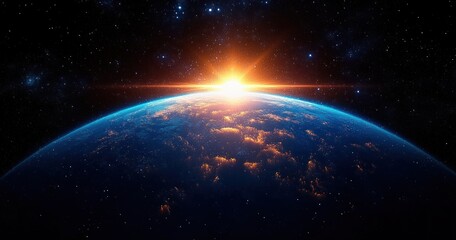 Obraz premium Bright sunrise over planet Earth seen from space with glowing clouds and sparkling stars in the dark universe