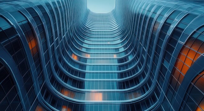 Futuristic curved glass building exterior with reflective blue windows and warm orange lights glowing inside, showcasing modern architecture and symmetry