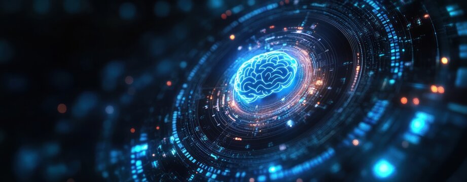 Digital glowing blue brain hologram surrounded by circular futuristic data and light trails representing advanced artificial intelligence technology