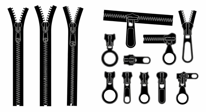 Collection of various zipper designs and zipper pullers, isolated on white background