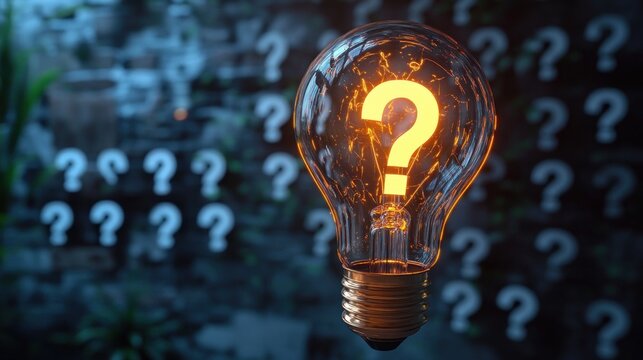 Glowing light bulb with illuminated question mark filament surrounded by multiple blurred question marks evoking curiosity and inquiry