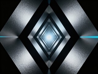 Abstract Futuristic Metallic Tunnel with Geometric Shapes and Glowing Blue Light