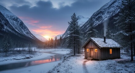 Fototapeta premium A cozy wooden cabin nestled in a snowy mountain landscape with a river flowing through the valley at sunset.