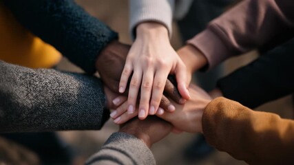 Diverse Hands Joining Together in Unity and Cooperation for Teamwork and Support