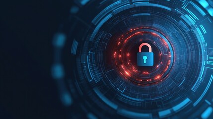 Digital lock symbol surrounded by glowing circular data patterns representing cybersecurity and data protection in a futuristic technology environment