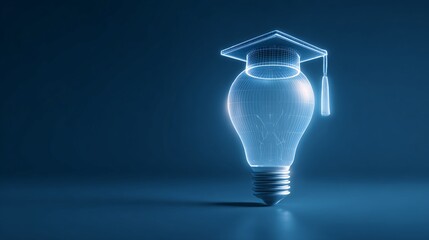 Conceptual Lightbulb Graduation Cap In Futuristic Blue Illumination Technology Education Knowledge Intellectual Achievement And Innovation On Blue Background