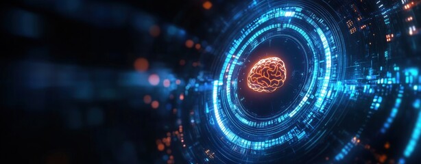 Glowing orange brain symbol in center of futuristic blue digital circular interface with light particles and abstract data visualization