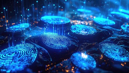 An illuminated representation of fingerprints, highlighting digital identity and security