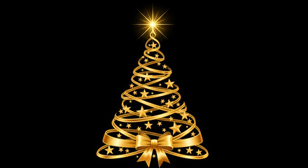 Celebrate the season with a touch of luxury. A golden ribbon forms an elegant Christmas tree adorned with twinkling stars, for holiday greetings and festive designs on isolated black background.