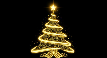 Celebrate the season with a touch of luxury. A golden ribbon forms an elegant Christmas tree adorned with twinkling stars, for holiday greetings and festive designs on isolated black background.