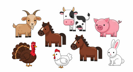 Pixel art farm animals collection including a goat, cow, pig, horses, turkey, chicken, and rabbit isolated on white background