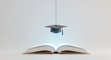A graduation cap hanging above an open book on a white background.