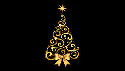 Celebrate the season with a touch of luxury. A golden ribbon forms an elegant Christmas tree adorned with twinkling stars, for holiday greetings and festive designs on isolated black background.
