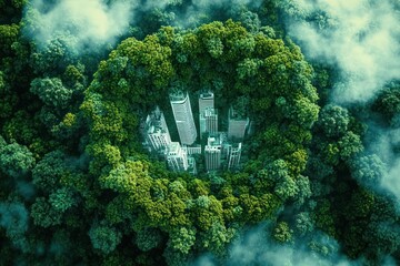 A cluster of modern skyscrapers surrounded by dense green forest with mist and fog creating a mysterious atmosphere