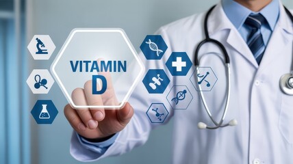 Medical professional interacting with a digital interface displaying vitamin D information and health icons