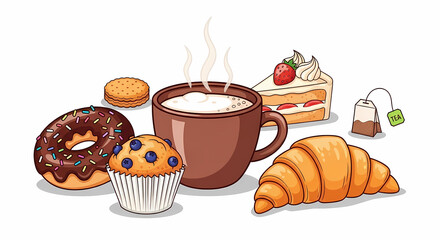 Assortment of breakfast and dessert items, including coffee, pastries, and cake, isolated on white background