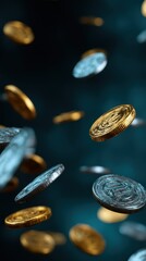 Falling gold coins on dark blue background.