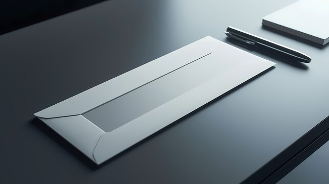 White Envelope  Pen Mockup on Dark Office Desk.