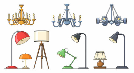 Collection of various chandeliers, floor lamps, and desk lamps isolated on white background
