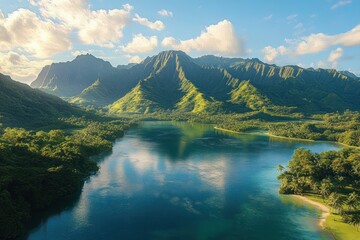 Peaceful tropical bay surrounded by lush green mountains under a partly cloudy blue sky reflecting on calm water