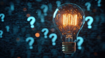 Glowing incandescent light bulb in sharp focus surrounded by floating question marks on a dark blue background symbolizing ideas and problem-solving