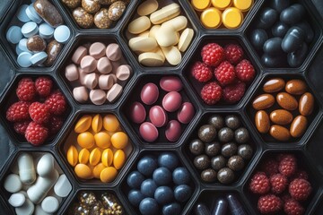 Close-up of a hexagonal tray containing various colorful pills and fresh raspberries arranged in separate compartments, displaying contrasting textures and vibrant colors