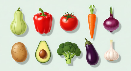 Vibrant collection of fresh, healthy vegetables bell pepper, tomato, carrot, avocado
