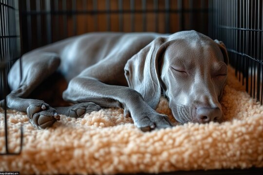 gray dog sleeping peacefully inside a metal crate on a soft beige blanket